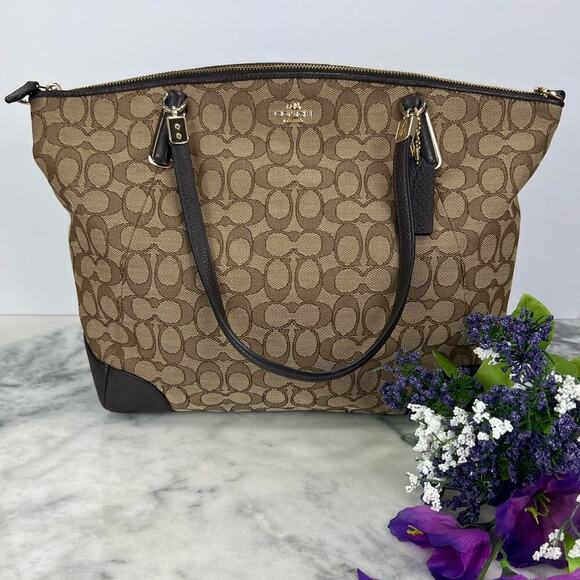 Coach Signature Large Canvas w Leather Trim Kelsey Brown Shoulder Satchel Bag - Picture 1 of 6